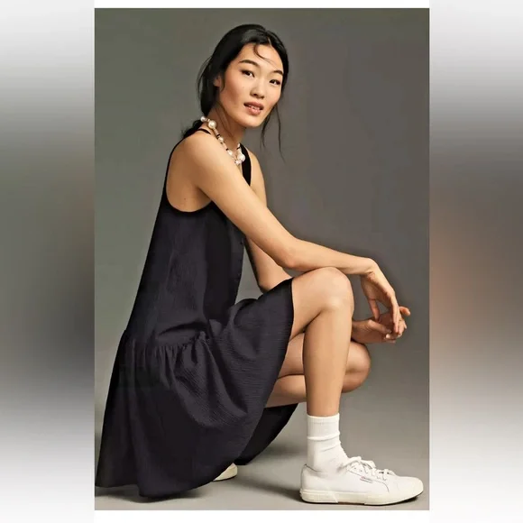 Anthropologie dress XS navy blue square neck seersucker Sleeveless Button-Down - Picture 3 of 16